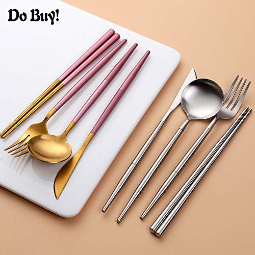 Portable & Reusable Stainless Steel Travel Cutlery Set，Folding Utensil Set with Case ，for Camping, Picnic, Office and On-The-Go (Pocket Sized Flatware Set) (Black) (silver) - color: Silver