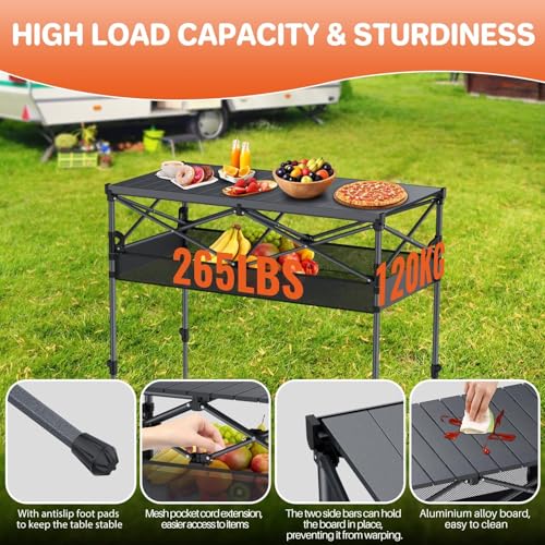 FUNYKICH Folding Camping Table(L39.4''xW19.7''), Aluminum Roll-up Portable Picnic Table with 2 Adjustable Height, Large Storage and Carrying Bag for Picnic, Camping, BBQ, Party, Backyard, Beach - size: Aluminium tabletop-39.4''x19.7''x (27.6''/34.3'')