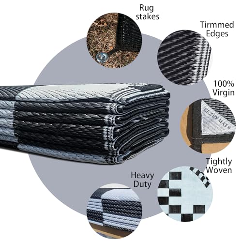 EEZ RV Products 9'x18'cf Heavy Duty Reversible/Durable Outdoor RVing/Boondocking Mats (9ft x18ft Black & White Checker Flag) Come with Large Storage Bag & 6 Sets of Stakes and Washer - color: Checker Flag, size: 9' x 18' (Rectangular)