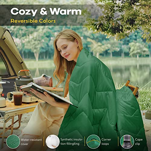 UNIKOME Waterproof Puffy Camping Blanket - Lightweight Packable Outdoor Quilt with Corner Loops, Warm Compact Blanket for Cold Weather Hiking Picnic Stadium Travel, 75"×52", Green - color: 05 Green