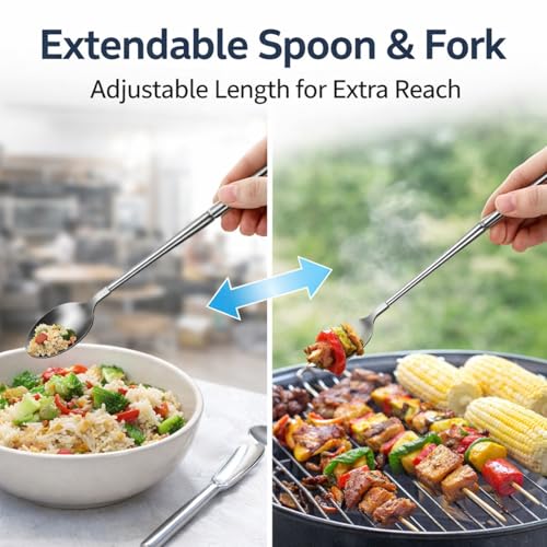 2 Pcs Extendable Fork Spoon Set 8.7 to 25.5in Stainless Steel Telescoping Long Dinner Tableware for Thanksgiving Gifts Barbecue Toasting Fruit Dessert (Silver) - color: Silver
