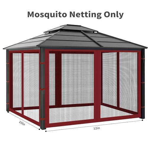 Gazebo Replacement Mosquito Netting Outdoor Universal Gazebo Canopy 4-Panels Screen Sidewalls with Zipper for Patio Garden (Red, 10x12) - color: Red, size: 10x12