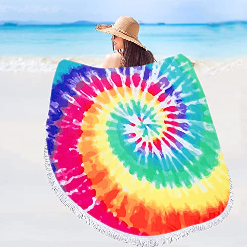 Violet Mist Round Beach Towel Tie Dye Round Beach Blanket Oversized Microfiber Blanket Extra Large Absorbent Fast Dry Sand Free Swim Pool Travel Yoga 60 inch Circle Towel with Tassels - color: Colorful Rainbow