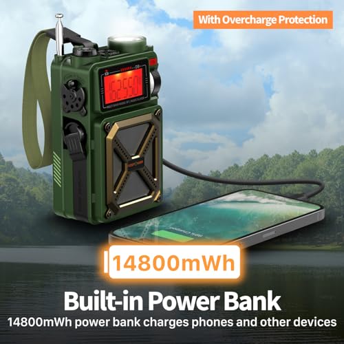 FosPower Emergency Weather Radio (Model D9) 14800mWh Power Bank, NOAA/AM/FM/Shortwave, Bluetooth 5.4, USB/Solar/Hand Crank Charging, Flash Light, SOS Alarm, IPX3 Rating for Indoor/Outdoor Emergencies - color: 10 - Model D9 - Dark Green