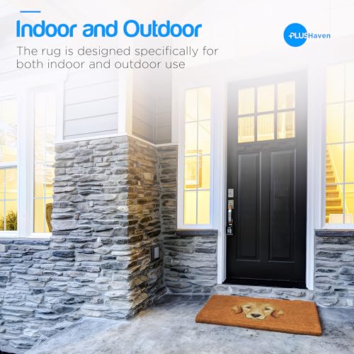 PLUS Haven Coco Coir Door Mat with Heavy Duty Backing, Natural Welcome Bull Dog Doormat, 17.5”x 30” for Entrance, Front Porch, Easy to Clean Entry Mat, Outdoor and Indoor Uses - color: Golden Retriever