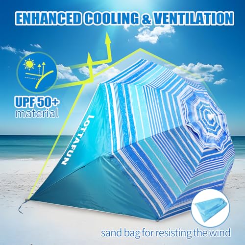 LOTTAFUN Beach Shelter Umbrella Premiere UPF 50+ Umbrella Shelter for Sun and Rain Protection for Adult (10-Foot,Blue Stripe) - color: Blue Wave Stripe