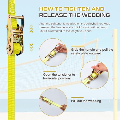 MiniInflat 2 Pcs Volleyball Net Tensioning Ratchet Strap, Heavy Duty Net Tensioning Lever Ratchet, Volleyball Poles Rope Tightener for Indoor & Outdoor Use - color: Yellow