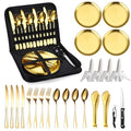 Camping Silverware Kit Cutlery Organizer Utensil Picnic Set Stainless Steel Plate Spoon Clip and Serrated Knife Wine Opener Fork Napkin Hiking - Camp Kitchen BBQ’s - color: Camping Silverware Set-24set-Gold