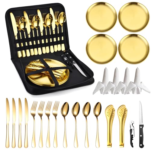 Camping Silverware Kit Cutlery Organizer Utensil Picnic Set Stainless Steel Plate Spoon Clip and Serrated Knife Wine Opener Fork Napkin Hiking - Camp Kitchen BBQ’s - color: Camping Silverware Set-24set-Gold