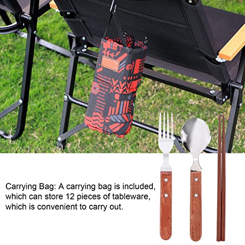 12 Pcs Camping Cutlery Set | 304 Stainless Steel & Wooden Handle Tableware | 4 Person Utensils Spoons Chopsticks Set for Picnic/Barbecue/Outdoor Dining | Includes Carry Bag