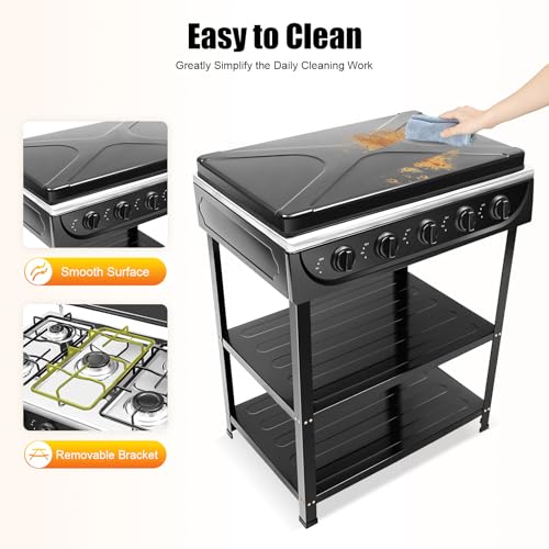 5 Burner Gas Stove with Wind Shield Portable 2.5KW Natural Gas Stove with 2 Storage Shelves for RV Apartment Outdoor Cooking - style: 5 Burner-Black