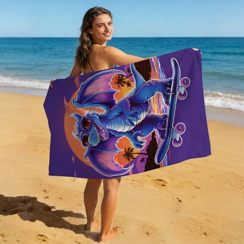 Dragons Beach Towel Blue Dragons Skateboarding Patterned Bath Towel for Kids Adults, Lightweight Quick Dry Purple Orange Sunset Palm Tree Surf/Swim/Pool/Travel Towels, Oversized 32x52 - color: Dragons