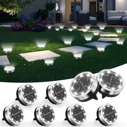 Solar Ground Lights Outdoor, 8 Pack Solar Lights Outdoor Waterproof, Mini Flat Solar-Powered Garden Light, Landscape Lighting for Garden Yard Lawn Pathway Walkway Driveway Backyard Decor, Cold White - color: White, size: 8 Packs