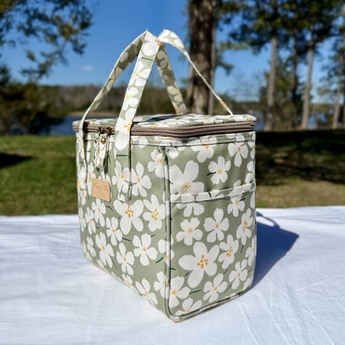 Kwang Min Floral Insulated Lunch Bag for Women,Reusable Lunch Box,Large Cooler for Office,Picnic Outdoors,Premium Quality Waterproof Fabric,Ideal Gift for Outdoors and work (Green Cosmo) - color: Green Cosmo