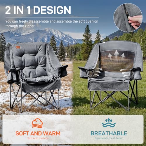 EVER ADVANCED XL Camping Chair with Detachable Cushion, Mesh Chair for Adults Foldable, Oversized Heavy Duty Folding Chair with Cooler Mesh Pocket Cupholder Outdoor Fishing, Supports 400LBS Grey - color: Grey, size: 1 P