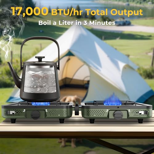 Camping Stove, 2 Burner Propane Stove With Grill,17,000 BTU Camp Stove, Foldable Camping Stove Propane Includes Carry Bag,Windscreen & Grill,Adjustable Burners & Piezo Ignition for Tailgating,BBQ,Camp - color: Green