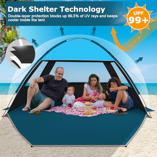 COMMOUDS Beach Tent Sun Shade for 3/4/6/8 Person, UPF 50+ Beach Sun Shelter Canopy Tent, Lightweight, Easy Set Up and Carry - color: Sky Blue with Dark Shelter, size: 4 Person