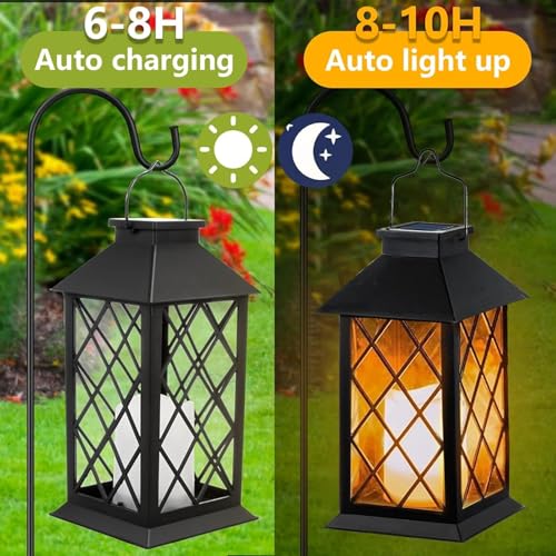 Solar Lanterns Outdoor Waterproof, 2 Pack 9" Glass Hanging Solar Lights with Flickering Flameless Candle, Outdoor Lanterns for Patio Wall Porch Table Garden Tree, Gift for Women Mom - Black - size: Black 9"