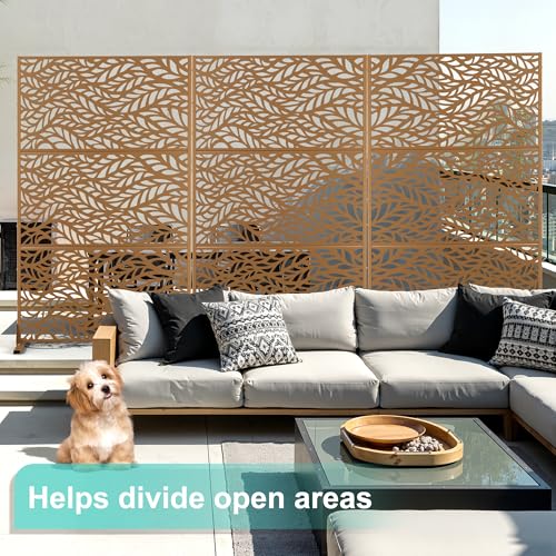 Modern Metal Privacy Screen, Patio Outdoor Privacy Panels with Stand, Freestanding Outdoor Divider for Yard, Deck＆Garden(71.3"*47.3"*15.7") - color: Brown,Flowleaf