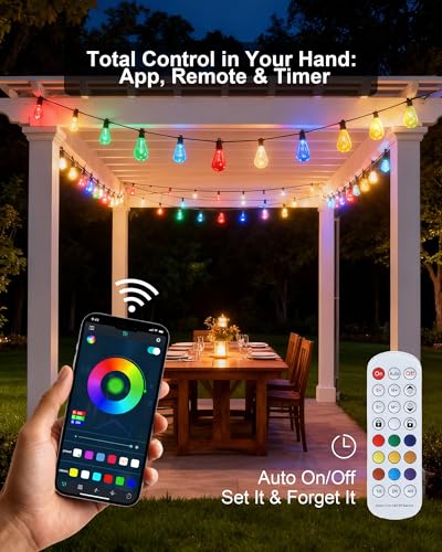Smart Outdoor String Lights, 50FT RGB Color Changing Patio Lights with Timer, 21-Key RF Remote and Bluetooth, IP65 Waterproof Shatterproof LED Lights for Backyard Balcony Garden Party Decor - size: 50FT