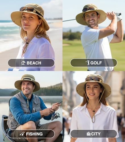 GearTOP Wide Brim Sun Hat for Men & Women, UPF 50+ Fishing Hat with Detachable Neck Flap & Face Cover Gardening Boonie Sunhat - color: Khaki Wanderer