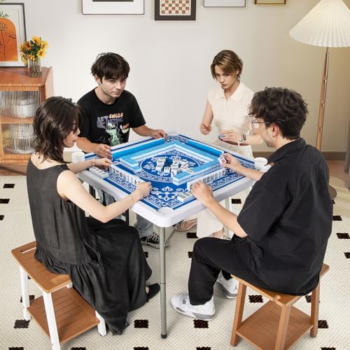 Goplus Mahjong Table, 35" Square Folding Card Table w/4Cup Holders, Anti Slip Mat, HDPE Tabletop, Metal Legs, Portable Mahjong Game Table for Domino Game, Picnic (Ocean Blue, Table w/Removable Mat) - style: Ocean Blue, Table w/Removable Mat