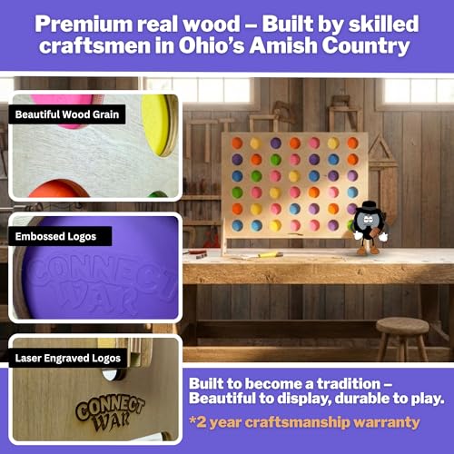 Connect War – Giant Wooden 4-in-a-Row Game for 2–6 Players – Indoor and Outdoor Strategy Game – Family Games for Kids and Adults – USA-Made Wooden Grid