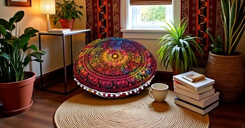 CRAFT KALA 32" Large Round Bohemian Floor Pillow Cover Boho Pouf Cover Mandala Meditation Room Pillows Cover Adults Seating Poufs Cushion Cover for Kids Reading Playroom Multi Elephant - color: Multi Elephant
