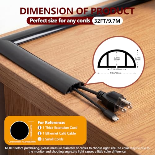 32FT Floor Cord Cover,Black Cable Protector,Self Adhesive Hide Extension Cords,Prevent Cable Trips for Offices, Gyms,Cavity: 0.39"(W) x 0.27"(H) - size: 32FT black