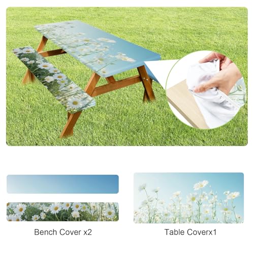 ANNA QUEEN Blue Daisy 6FT Picnic Table Cover Set, 3PCS 72"x30" Floral Tablecloth and Bench Covers, Waterproof Camping Spring Wedding & Garden Party Decor - color: #8