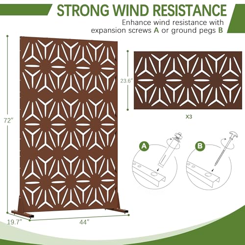 Cofar Metal Privacy Screen Outdoor 72" H×44" W -Brown Freestanding Outdoor Privacy Panels with Stand, Decorative Fence for Patio, Deck, Balcony（Floral） - style: 3-Panels Floral_Brown