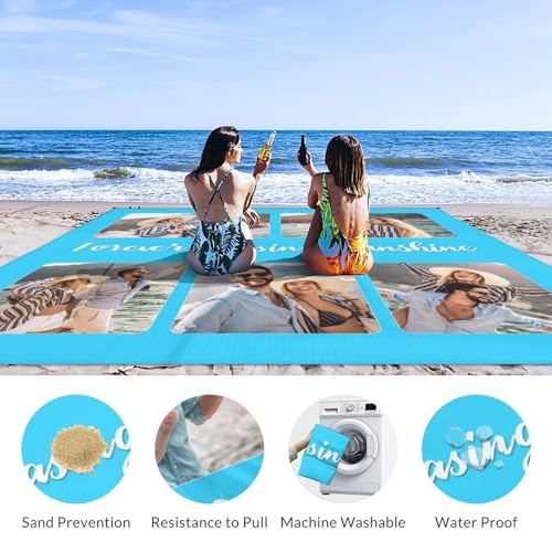 Personalized Beach Blanket Waterproof Sandproof, Custom Picnic Blanket Gift with Text, Photos, Sand Free Beach Mat with Portable Bag, 4 Corner Pockets for Beach Festival,Family Group Travel - color: Color3