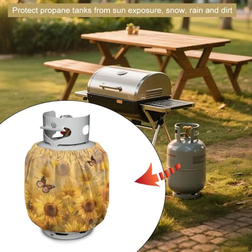 Sunflower Butterfly Propane Tank Cover Fits Standard 20 lb Tank Cylinde Travel Trailer Propane Covers with Elastic Slip in Gas Cover Water & Wear-Resistant for Outdoor and Indoor Use - color: Sunflower Butterfly