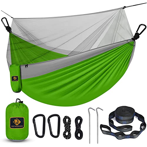 Camping Hammock with Net,Travel Portable Lightweight Hammocks with Tree Straps and Solid D-Shape Carabiners,Parachute Nylon Hammock for Outsides Backpacking Beach Backyard Patio Hiking - color: Green & Grey, size: Large