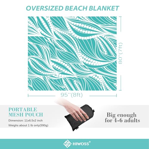 Beach Blanket Waterproof Sandproof Oversized 95”x 80”,Sand Free Beach Mat with Corner Pockets,Portable Mesh Bag (WaveBeaded-Turquoise)