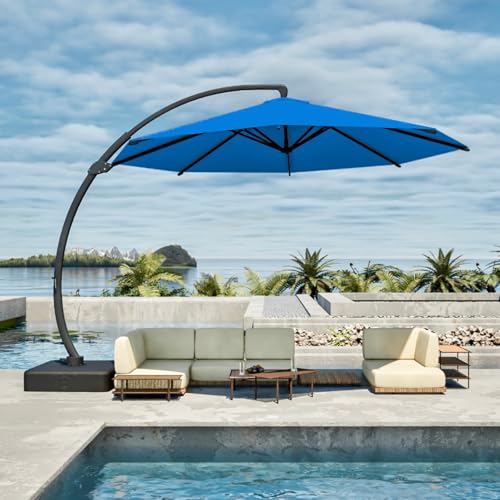 12FT Cantilever Umbrella with Base Large Curvy Outdoor Aluminum Offset Umbrella w/ 360° Rotation, UV Resistant Canopy for Patio, Garden, Backyard, Royal Blue - color: Royal Blue, size: 12FT