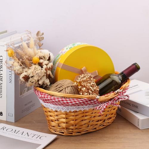 2 Pack 12.6 Inch Natural Wicker Basket with Checkered Lining, Oval Wicker Woven Basket with Handle, Willow Woven Picnic Baskets for Picnic, Camping, Party(Small) - size: 2 Pack 12.6in Natural