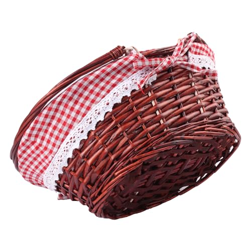2 Pack 12.6 Inch Brown Wicker Basket with Checkered Lining, Oval Wicker Woven Basket with Handle, Willow Woven Picnic Baskets for Picnic, Camping, Party(Small) - size: 2 Pack 12.6in Brown