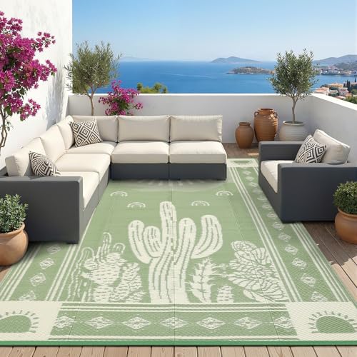 Garvee Reversible Cactus Outdoor Rug 8x10 for Patio, Waterproof Outdoor Area Rug, Modern Desert Botanical Indoor Outdoor Rugs, Plastic Straw Rug for RV, Camping, Deck, Sage Green & Beige - color: Sage Green & Beige, size: 8' x 10' (Rectangular)