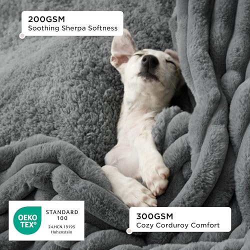 Bedsure ComfyFleece™ Waterproof Dog Blankets for Large Dogs - Soft Pet Cat Blanket Corduroy Fleece for Couch Protector Washable, Cozy Calming Reversible Furniture Protection,40"x50", Warm Grey - color: Warm Grey, size: L(40x50")-1pc