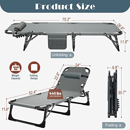 ABORON 3-in-1 Folding Patio Lounge Chair, 440LB Heavy-Duty Tri-Fold Guest Bed with Plush Cotton Cushion, No Assembly Adjustable Recliner for Office Nap, Patio Sunbathing, Poolside & Camping - color: Stone Obsidian-dusk