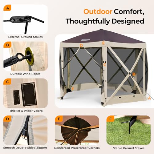 Tecoom 6-Sided 10x10ft Pop Up Gazebo Tent, Screen House with Mosquito Netting Canopy for Camping, Portable Sun Shelter with Removable Siedwalls for Outdoor, Garden, Activities - size: 9.8x9.8ft
