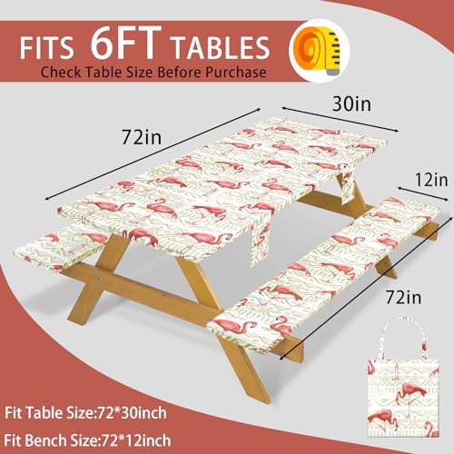 Fitted Waterproof Picnic Table Cover with Bench Covers Heavy Duty Elastic Outdoor Camping Tablecloth for 6 Foot Rectangle Tables Summer Rv Accessories Patio Garden Road Trip Essentials Gifts - color: Pink Flamingo, size: 72" x 30" (Rectangular)