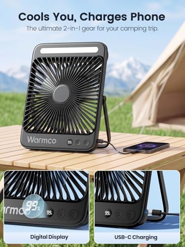 Warmco 20000mAh Battery Powered Fan, Ultra-Slim 8-Inch Portable Camping Fan with LED Lantern, Up to 48H Runtime Rechargeable Desk Fan for Bedroom, Outdoor, Tent, Travel, Cruise Ship Essentials - color: Black