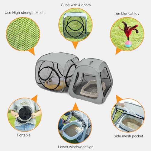 Portable Cat Playpen, Trapezoidal Design for Better Standing, Foldable Pet Tent for Indoor and Outdoor Use of Kitten and Puppy, Dog Play Enclosure with Removable Bottom, Cat Houses & Condos - color: Grey-Cube with Fabric