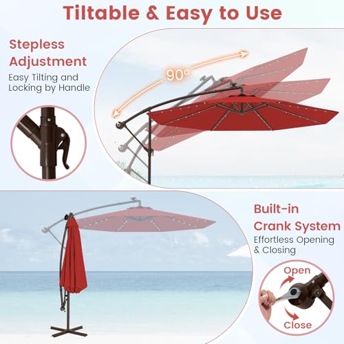 Tangkula 10FT Offset Patio Umbrella with Base Included, Outdoor Cantilever Umbrella with 40 Solar LED Lights, Tilt Adjustment, Crank Handle, Vented Top, Sand Bags for Pool Yard Deck (Burgundy) - color: Burgundy