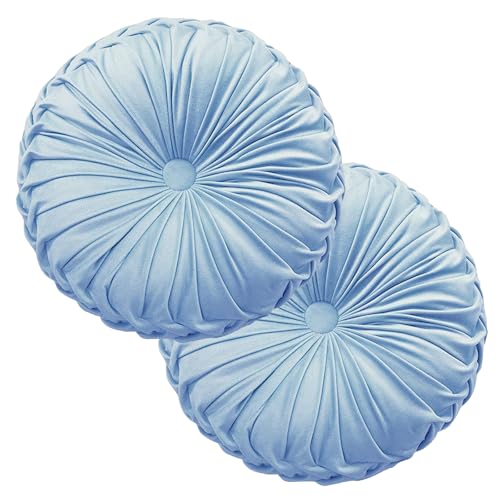Teieas 2 Pcs Round Throw Pillows Decorative Pumpkin Velvet Boho Pleated Bed Pillows Back Support for Couch Chair Dorm Car 14.96'' (Sky Blue) - color: Blue