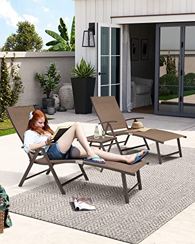 Crestlive Products 2PCS Chaise Lounge Chair Outdoor with 1PC Side Table, Aluminum Folding Patio Recliner Chair, Adjustable 8 Positions Assemble-Free - color: Brown, size: 3 Pcs