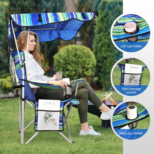VTOY Portable Camping Chair with Canopy - Folding Chair with Canopy, Durable 600D Oxford Canopy Chair for Camping, Beach, Picnics, Fishing & Sports - color: 1pack Stripe Green