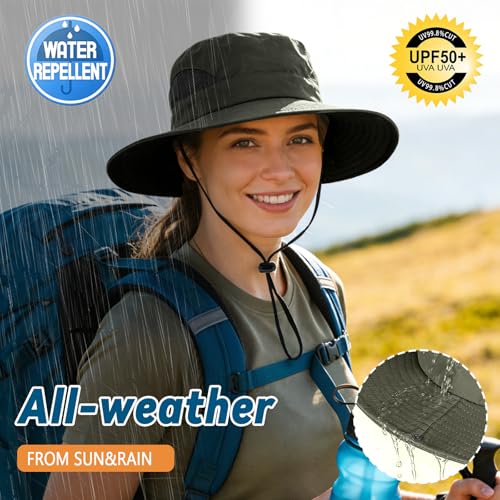 ZOORON Sun Hats for Men Women, Wide Brim Safari Hats UV Protection UPF50+ Waterproof Boonie Hats for Fishing Hiking Camping - color: 1pack-army Green